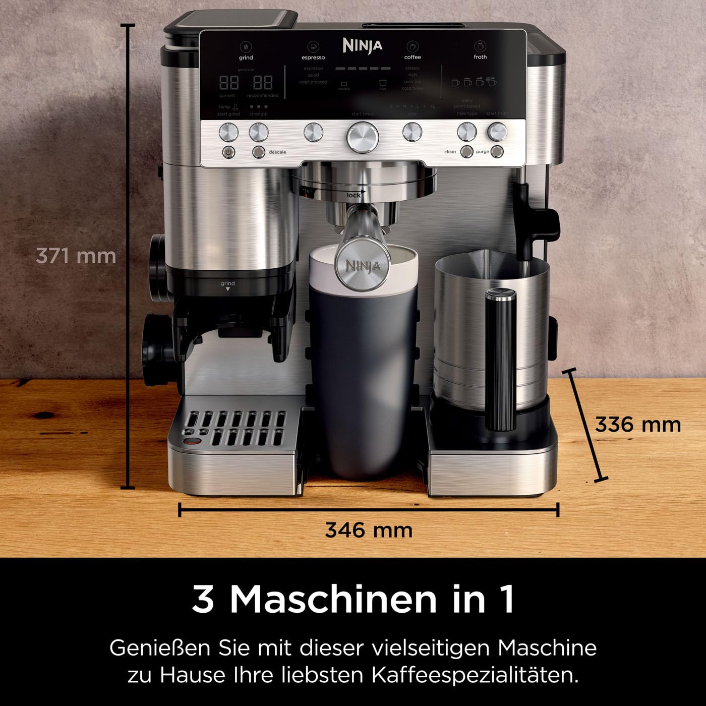 Ninja Luxe Premier 3-in-1 Kaffeemaschine mit Mahlwerk und Aufschäumer für Latte, Cappuccino, Cold Brew & Espresso