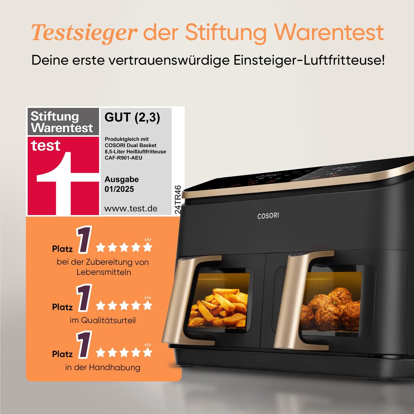COSORI Heißluftfritteuse 2 Kammern, Airfryer Testsieger der Stiftung Warentest, 6-in-1 Dual Zone Heißluftfritteuse 8,5 L