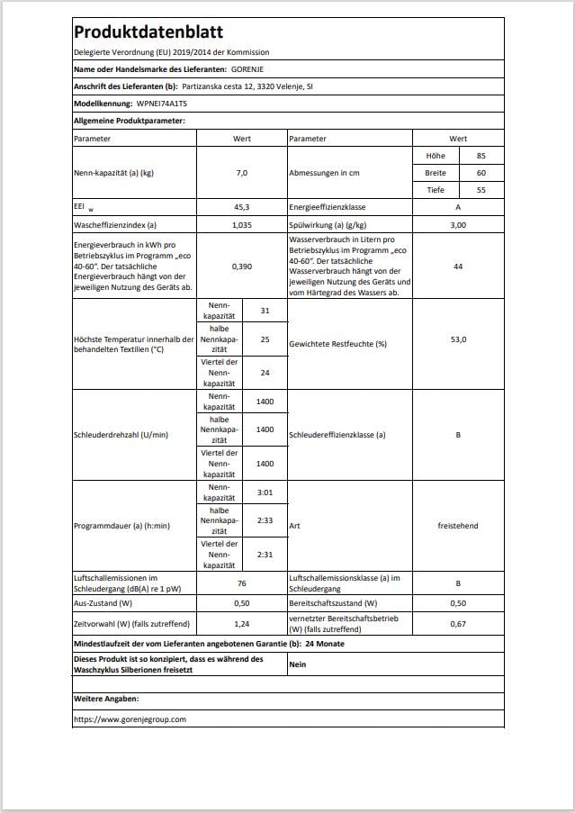 Gorenje WPNEI74A1TS Waschmaschine mit Dampffunktion/ConnectLife / 7Kg / 1400 U/min / 15 Programme/Totaler AquaStop