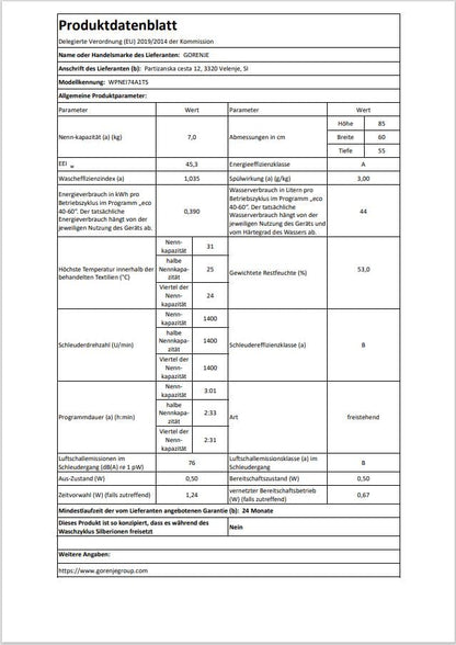Gorenje WPNEI74A1TS Waschmaschine mit Dampffunktion/ConnectLife / 7Kg / 1400 U/min / 15 Programme/Totaler AquaStop