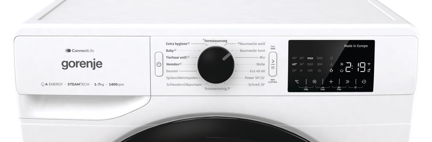 Gorenje WPNEI74A1TS Waschmaschine mit Dampffunktion/ConnectLife / 7Kg / 1400 U/min / 15 Programme/Totaler AquaStop