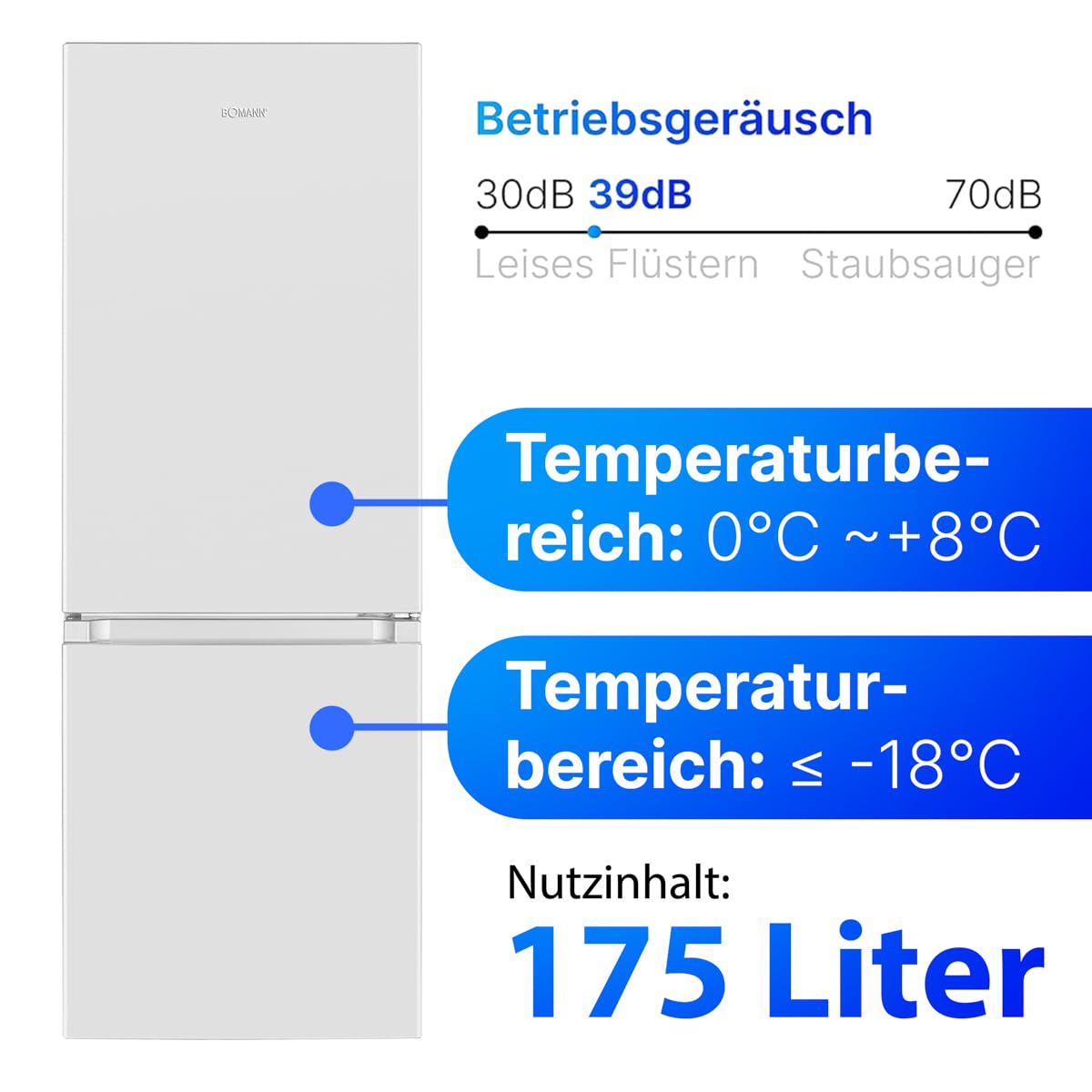Bomann® Fridge Freezer | Energy Class E | 143cm | Quiet 39 dB Fridge Freezer | 3 Shelves & 3 Drawers