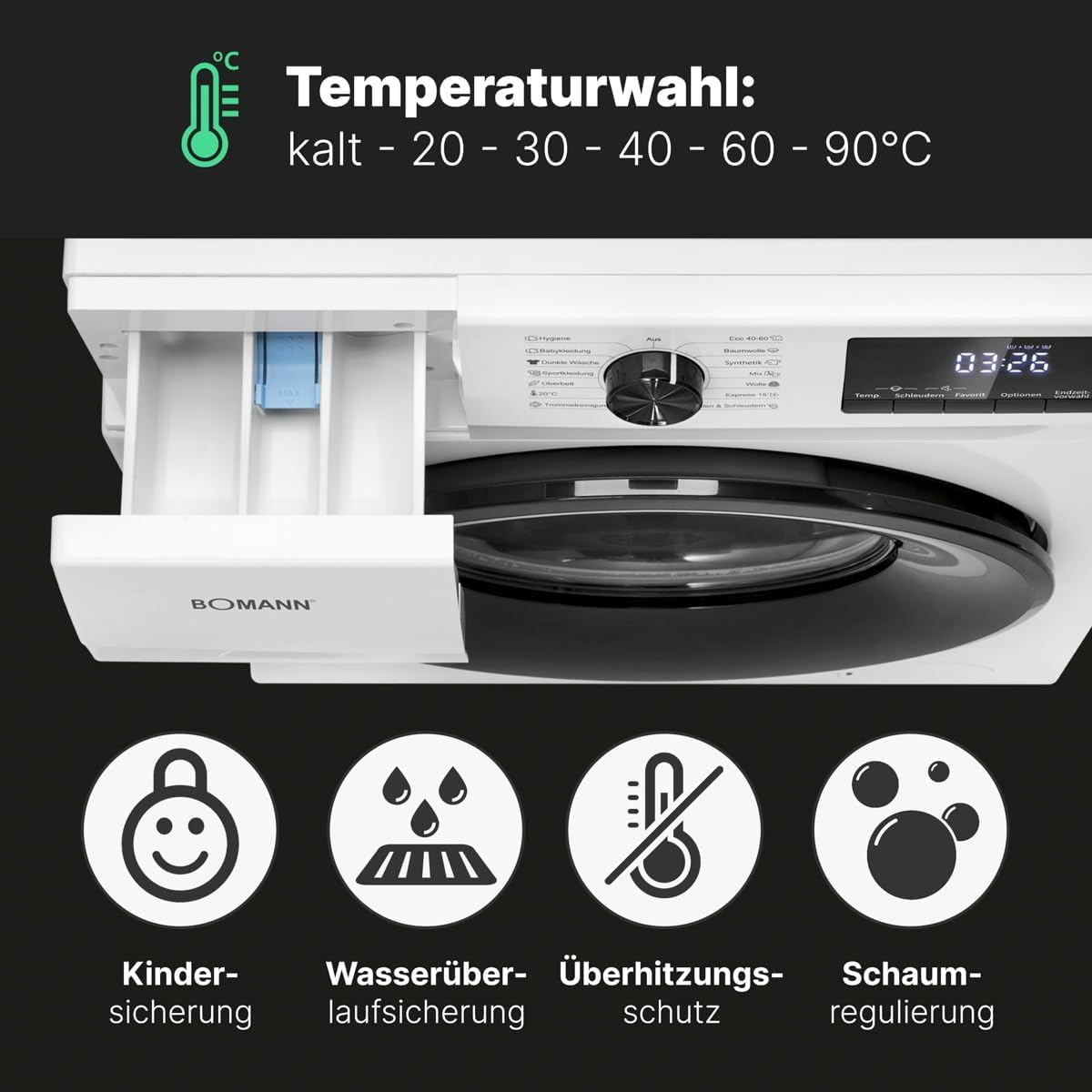 Bomann® Waschmaschine 7kg | max. 1400 U/min | 10 Jahre Motorgarantie | effizienter, leiser & langlebiger Invertermotor
