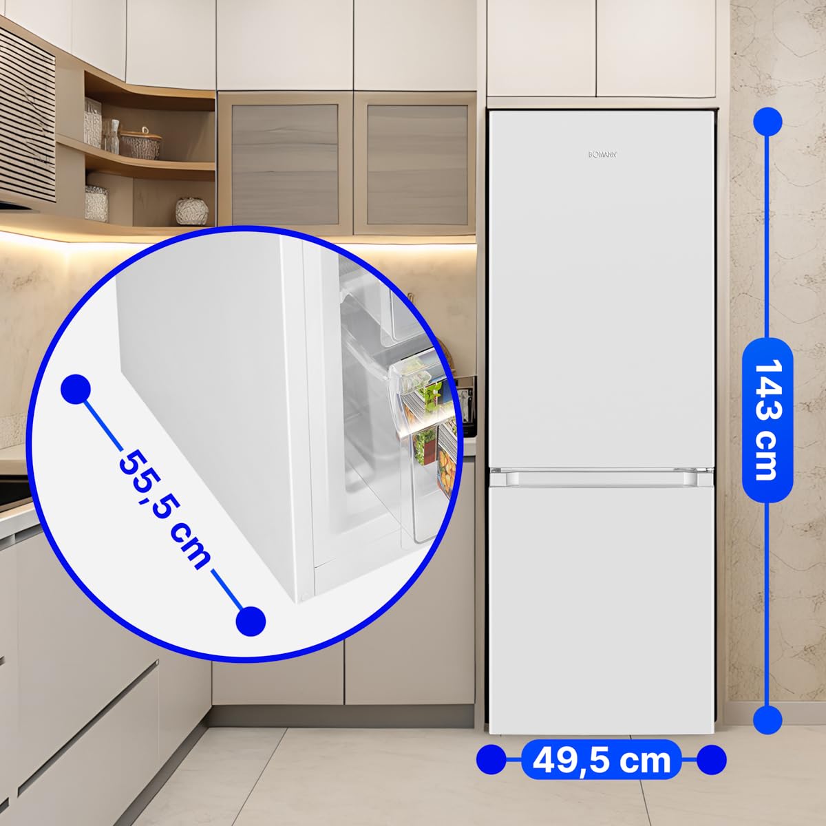 Bomann® Fridge Freezer | Energy Class E | 143cm | Quiet 39 dB Fridge Freezer | 3 Shelves & 3 Drawers