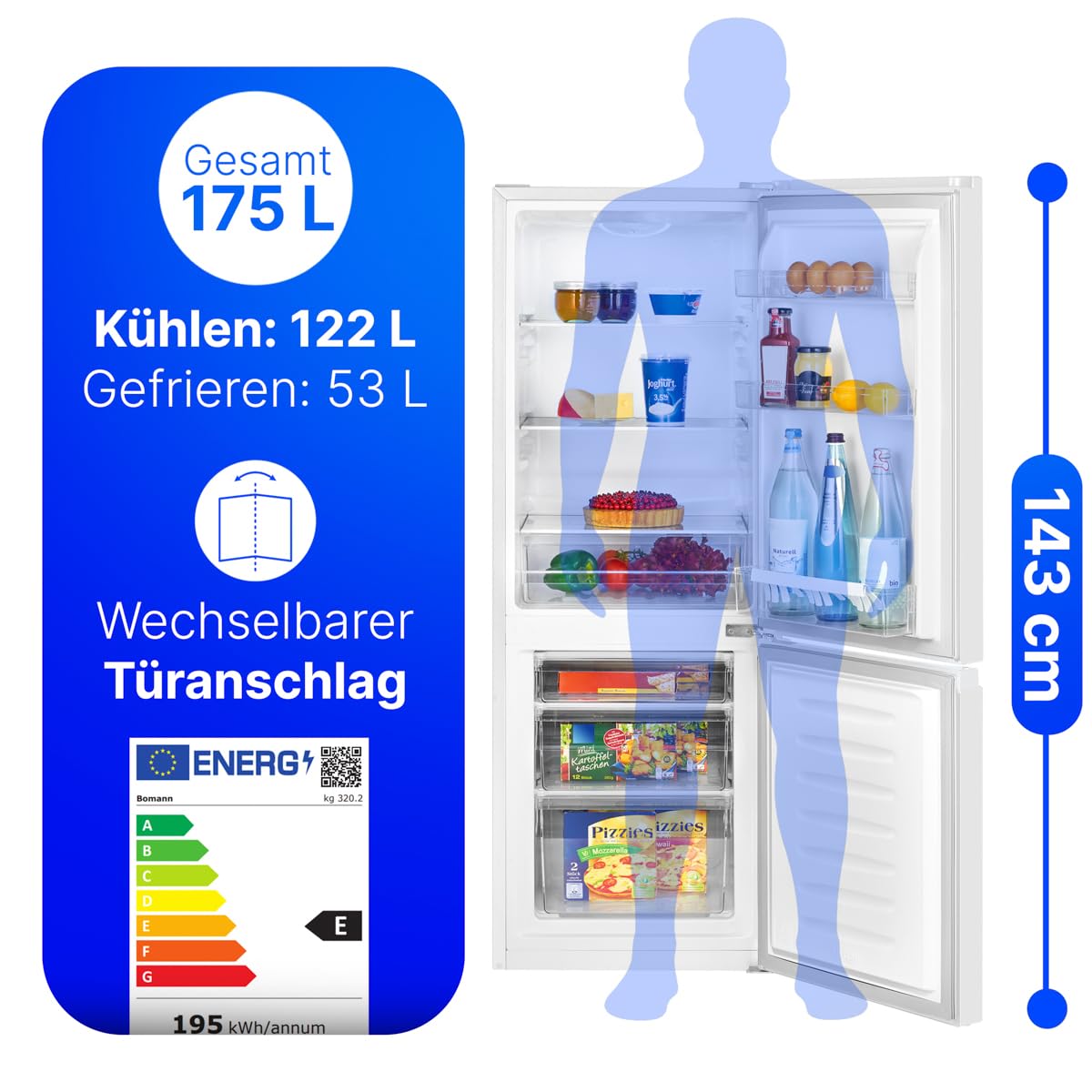Bomann® Fridge Freezer | Energy Class E | 143cm | Quiet 39 dB Fridge Freezer | 3 Shelves & 3 Drawers