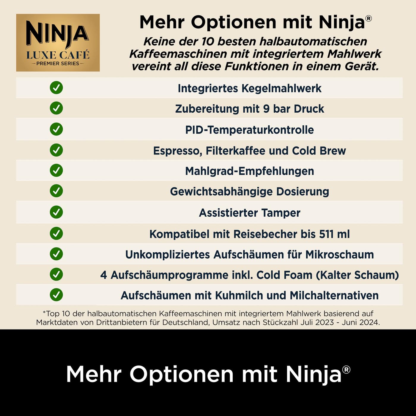Ninja Luxe Premier 3-in-1 Kaffeemaschine mit Mahlwerk und Aufschäumer für Latte, Cappuccino, Cold Brew & Espresso