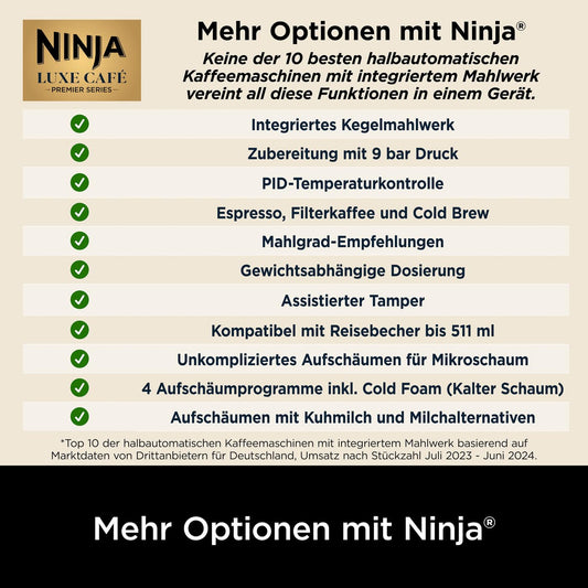Ninja Luxe Premier 3-in-1 Kaffeemaschine mit Mahlwerk und Aufschäumer für Latte, Cappuccino, Cold Brew & Espresso