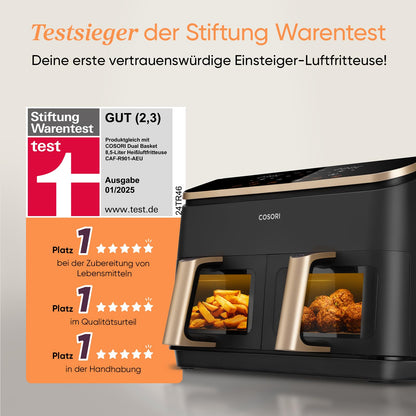 COSORI Heißluftfritteuse 2 Kammern, Airfryer Testsieger der Stiftung Warentest, 6-in-1 Dual Zone Heißluftfritteuse 8,5 L