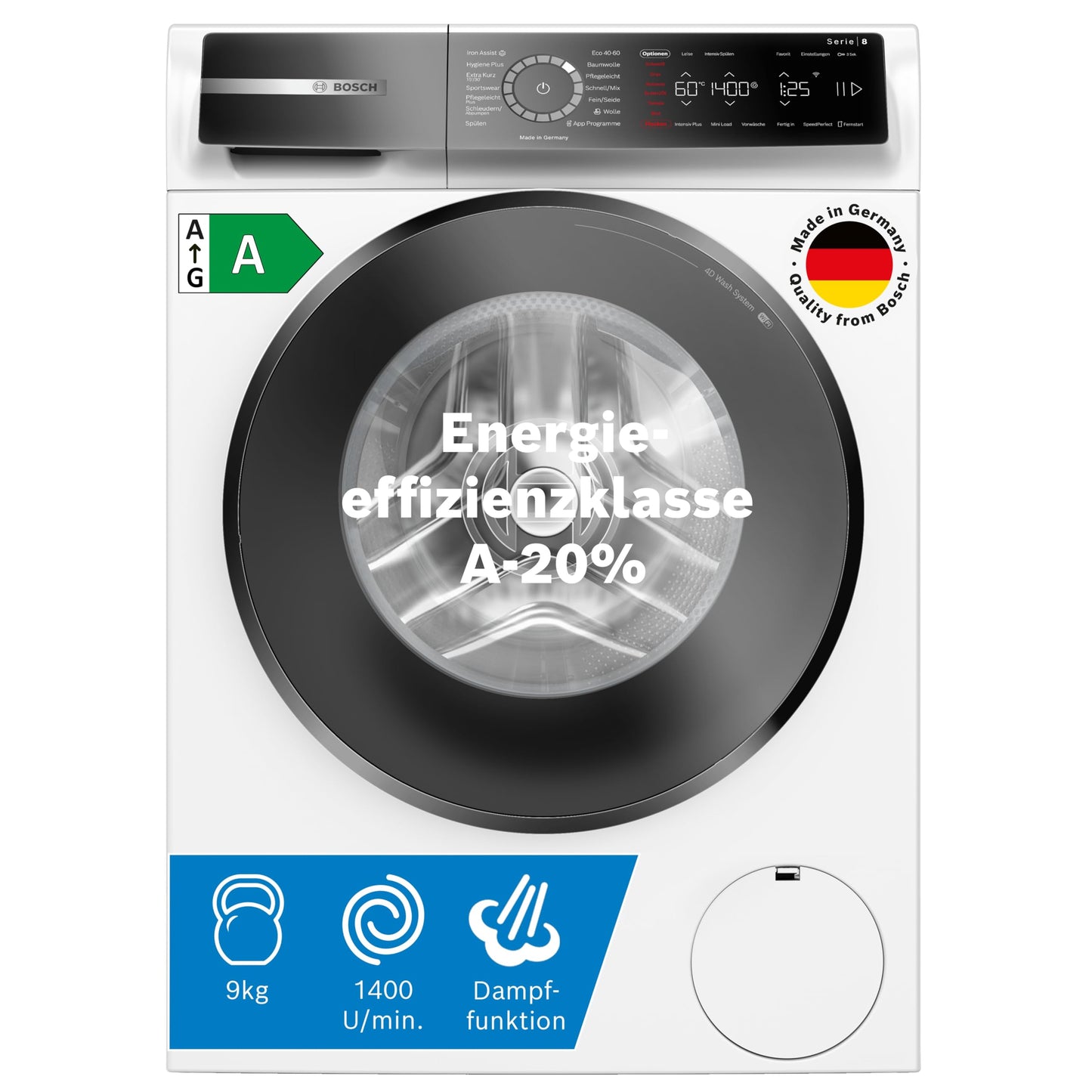 Bosch WGB244040 Serie 8 Smarte Waschmaschine, 9 kg, 1400 U/Min, Made in Germany, Active Water Plus Energie- und Wasserersparnis