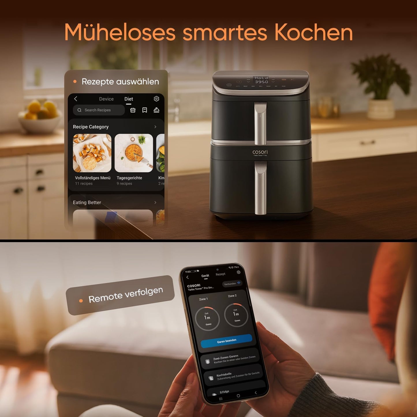 COSORI Turbo Tower Pro Smart Heißluftfritteuse, 10,8L Keramikbeschichtung, DualBlaze-Technologie und WLAN-Steuerung, Silbergrau