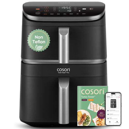 COSORI Turbo Tower Pro Smart Heißluftfritteuse, 10,8L Keramikbeschichtung, DualBlaze-Technologie und WLAN-Steuerung, Silbergrau
