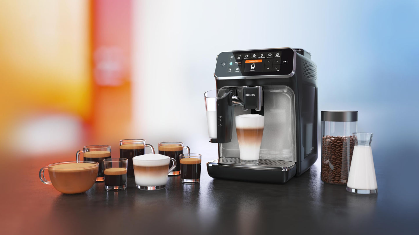 Philips 5400 Series Fully Automatic Coffee Machine - LatteGo, 12 Drinks, Milk Frother, Touchscreen, 4 Profiles, Chrome Finish (EP5447/90)