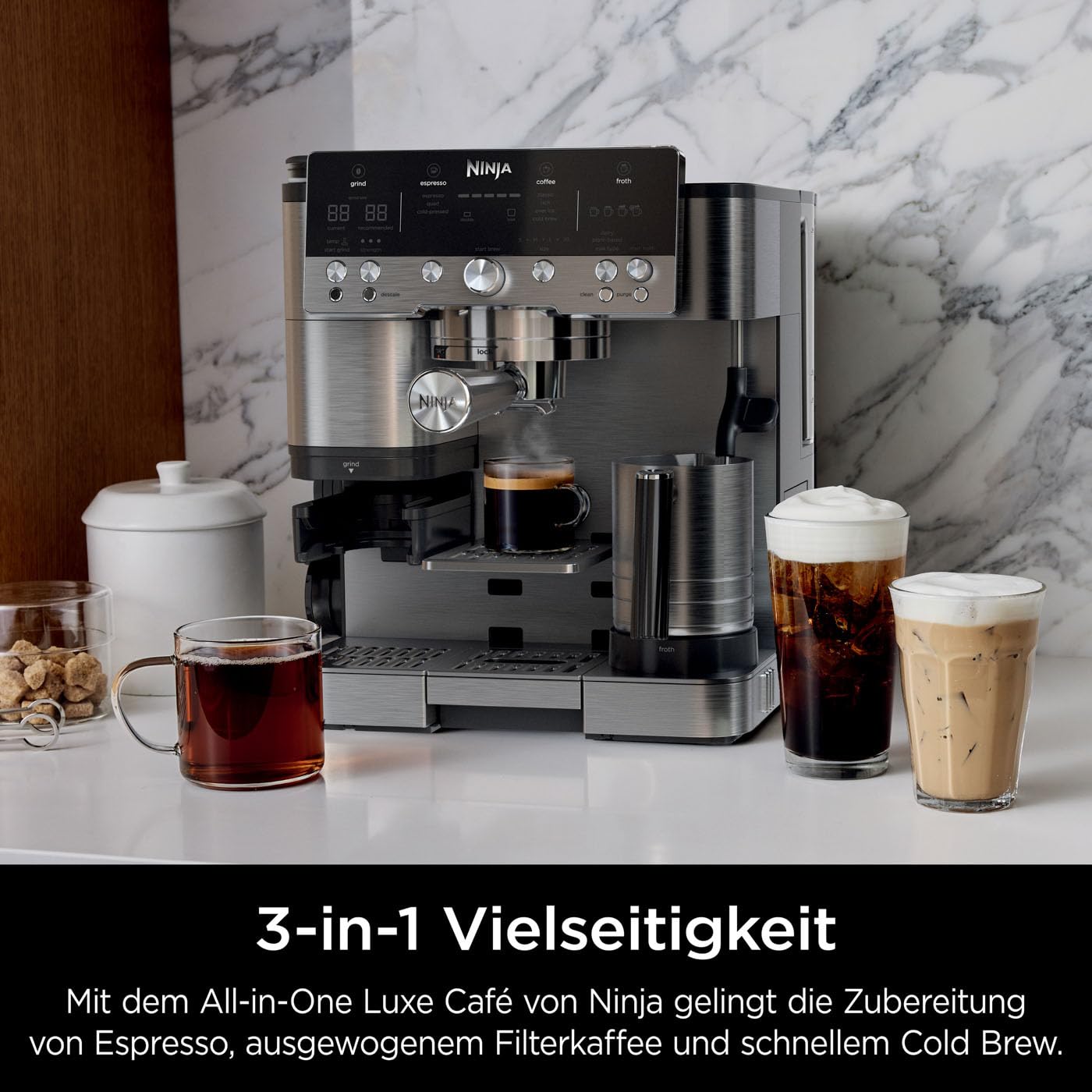 Ninja Luxe Premier 3-in-1 Kaffeemaschine mit Mahlwerk und Aufschäumer für Latte, Cappuccino, Cold Brew & Espresso