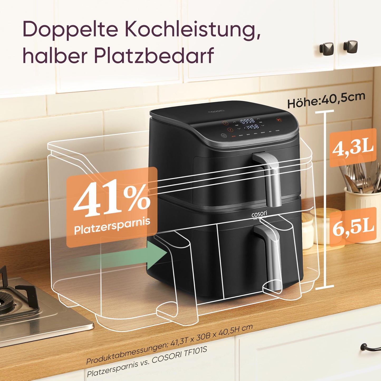 COSORI Turbo Tower Pro Smart Heißluftfritteuse, 10,8L Keramikbeschichtung, DualBlaze-Technologie und WLAN-Steuerung, Silbergrau